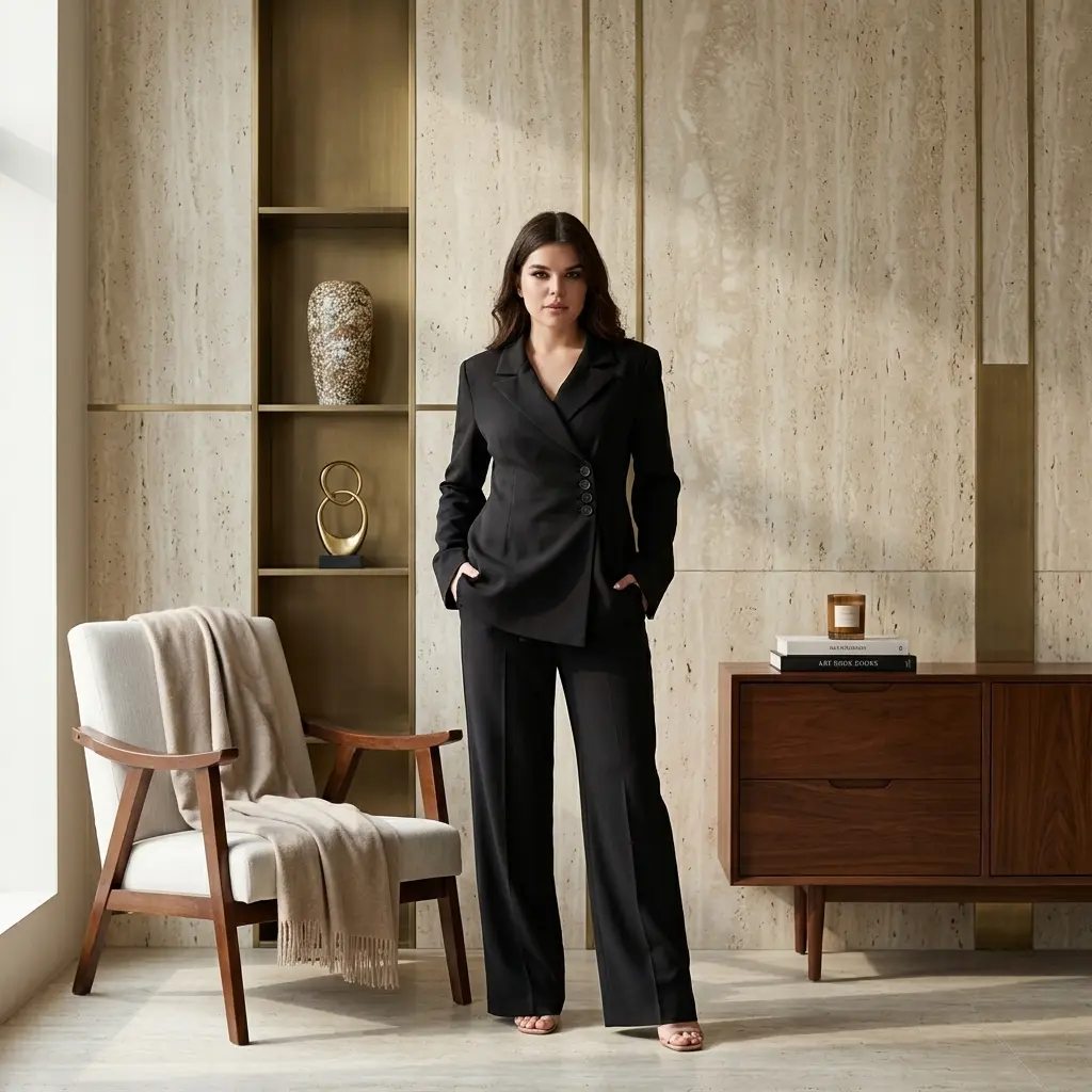 Black  Two Pieces Outfits with side bottoms in Jacket- NS0526-03