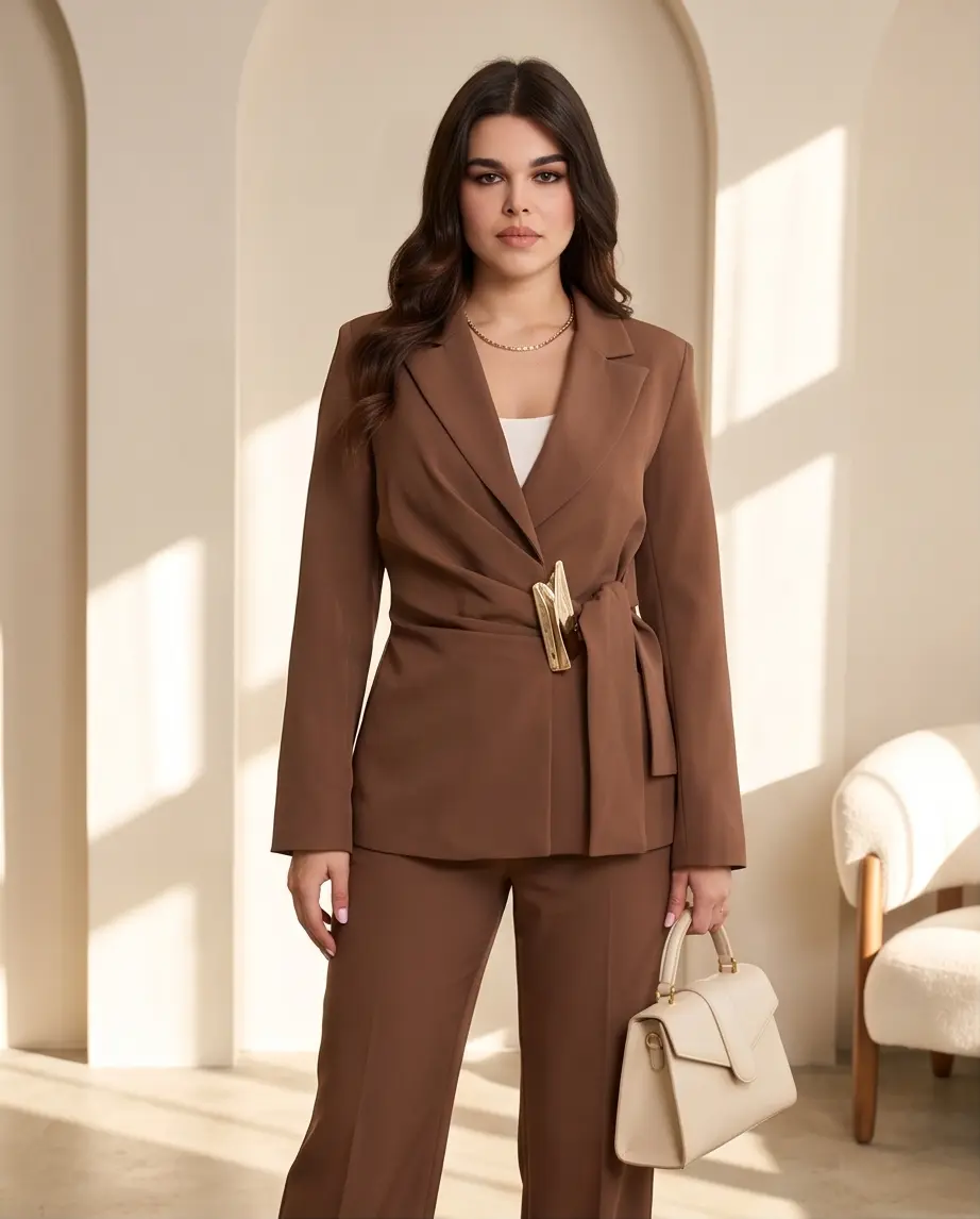 Brown Two Pieces Outfits with one side Golden Design R0526-06