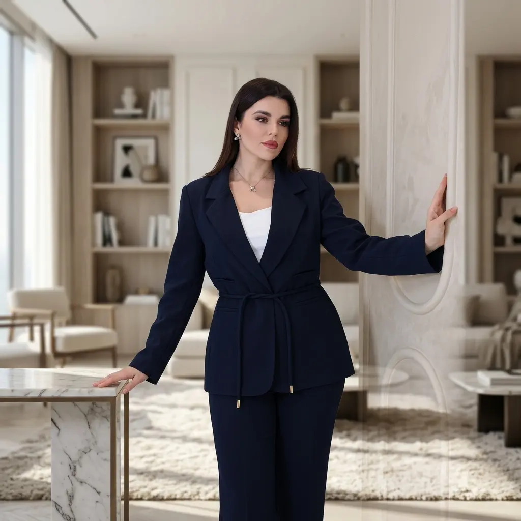 Navy Blue Two Pieces Outfit with Belt - MR1025-01