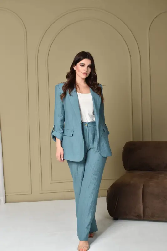 Turquoise Color  Linen Suit FG0226-07